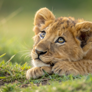 A lion cub on the plains of the Kenya, green grass in the background