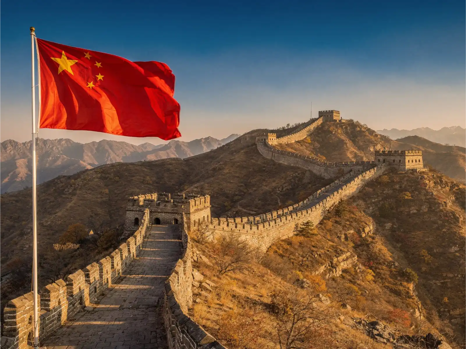 Great Wall of China with flag